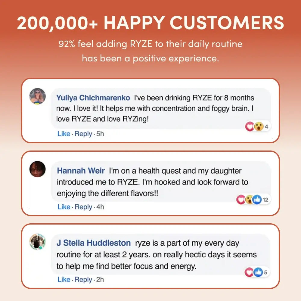 Reviews of RYZE product with customer testimonials on a gradient background