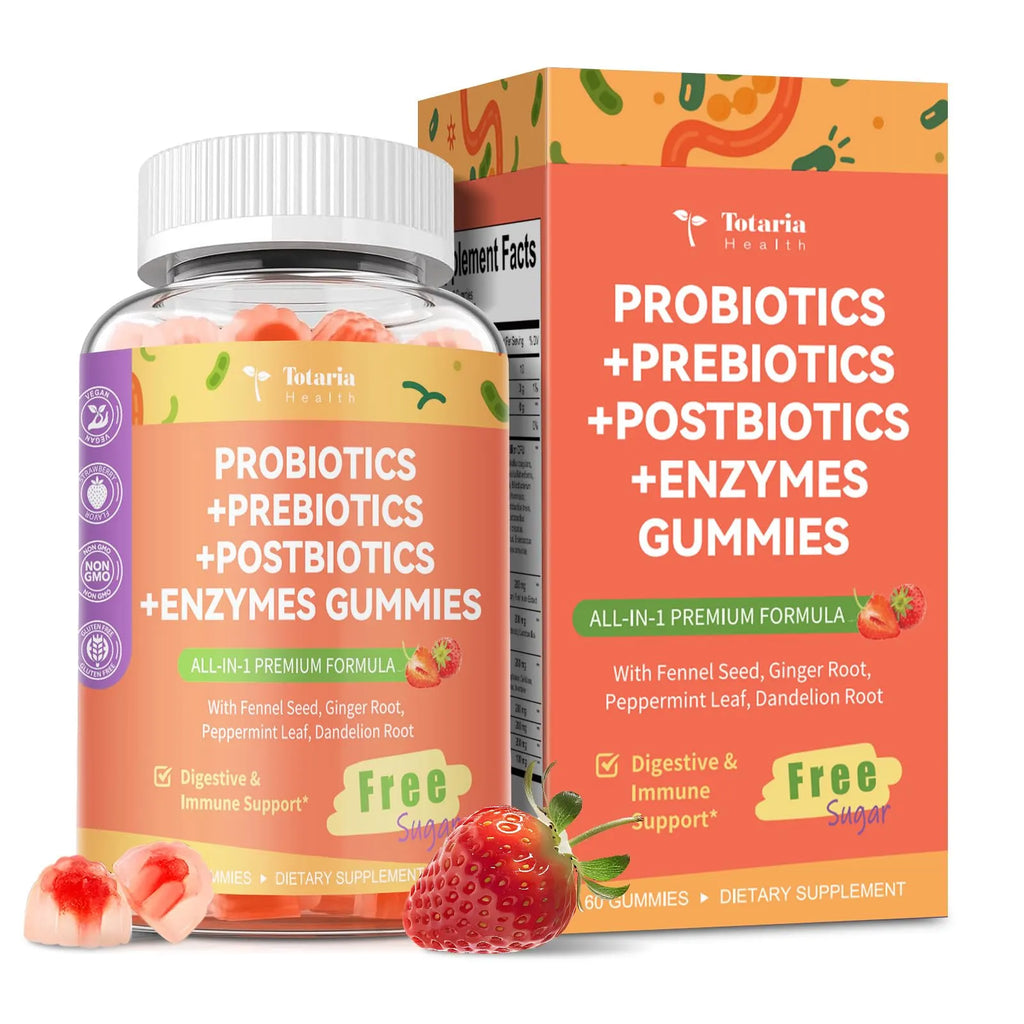 Sugar Free 5-in-1 Probiotic Prebiotic Postbiotic Gummy, Probiotics for Women Men with Digestive Enzymes, Peppermint, Complete Immune, Gut & Digestive Support, Vegan, 60 Cts, Strawberry Flavor