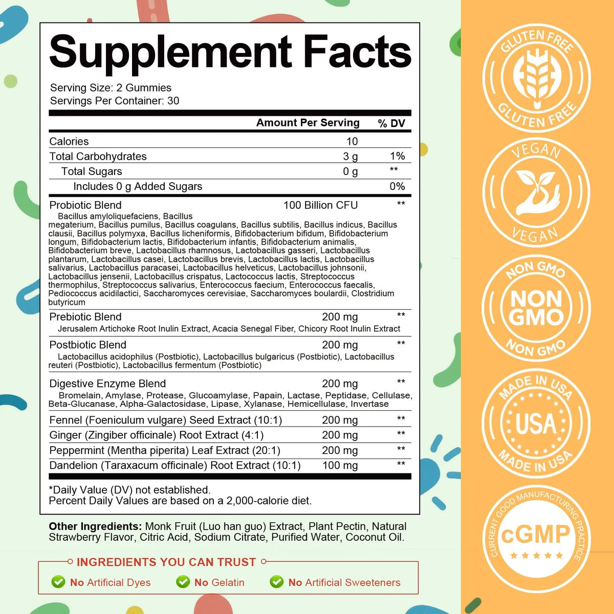 Sugar Free 5-in-1 Probiotic Prebiotic Postbiotic Gummy, Probiotics for Women Men with Digestive Enzymes, Peppermint, Complete Immune, Gut & Digestive Support, Vegan, 60 Cts, Strawberry Flavor