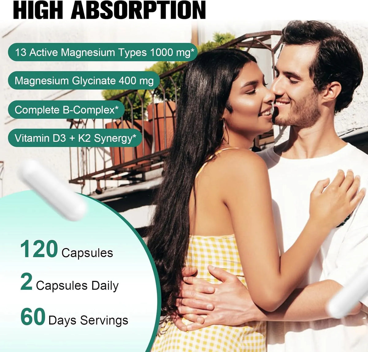 25-in-1 Magnesium Complex with Methylated B Complex Magnesium Glycinate Citrate Malate Taurate Gluconate Aspartate Carbonate D3 K2, Magnesium Supplement for Relaxation Energy & Nerve, 120 Vegan Caps
