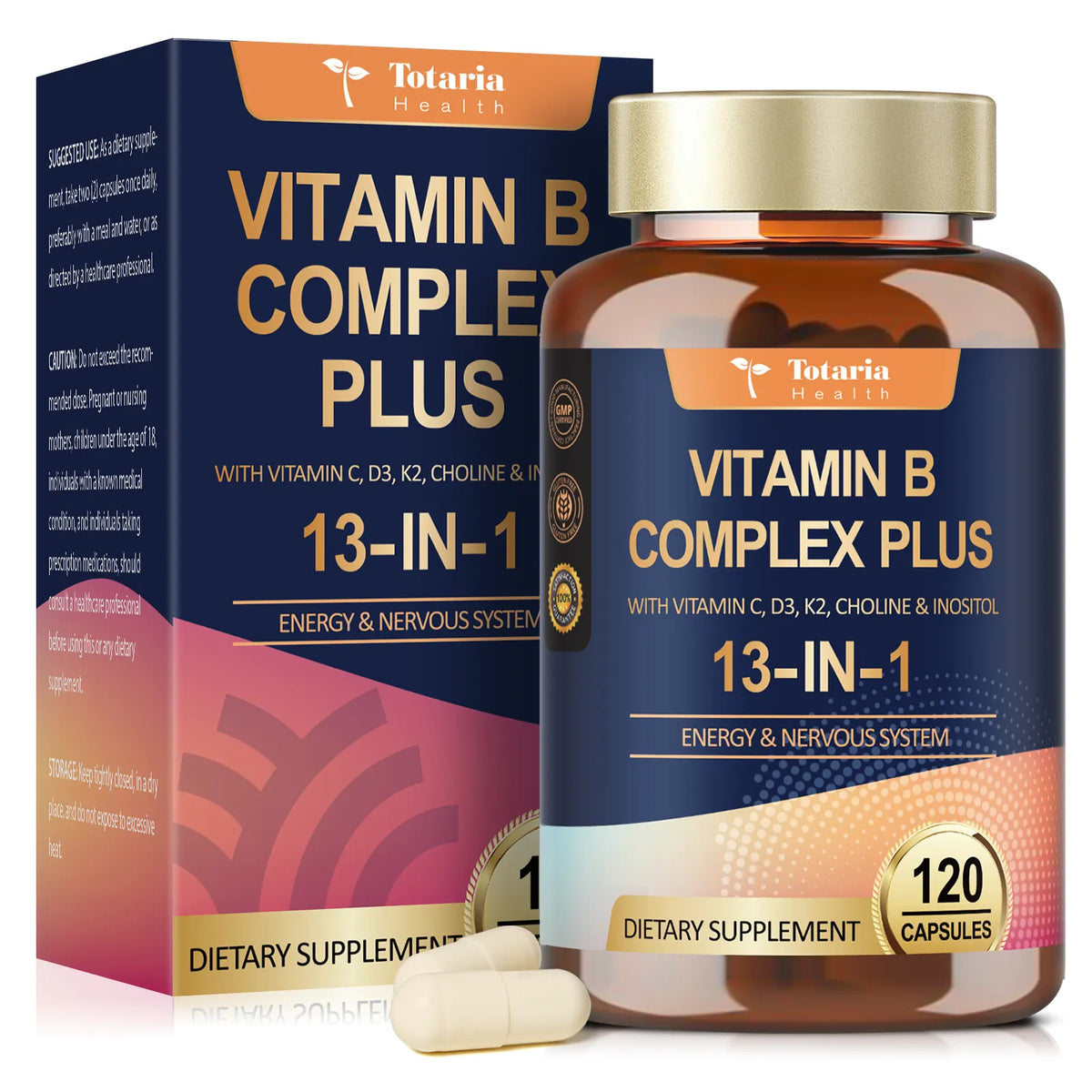 Vitamin B Complex Plus supplement bottle and packaging on a white background
