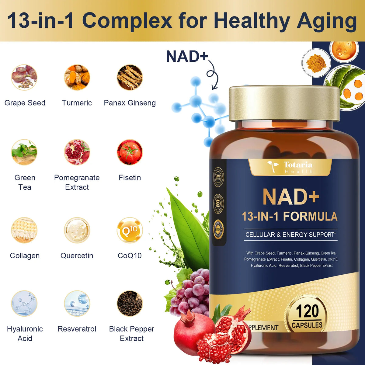 NAD Supplement for Women Men with nicotinamide riboside resveratrol,Quercetin, Betaine Boost NAD+ Levels NAD Plus Supplement for Anti Aging, Energy, Immune, Focus 120 Capsules