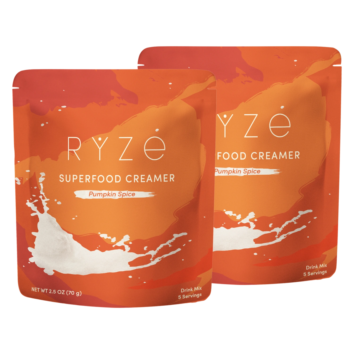 Two stand-up pouches of RYze Food Creamer in Pumpkin Spice flavor, shown overlapping on a plain white background.