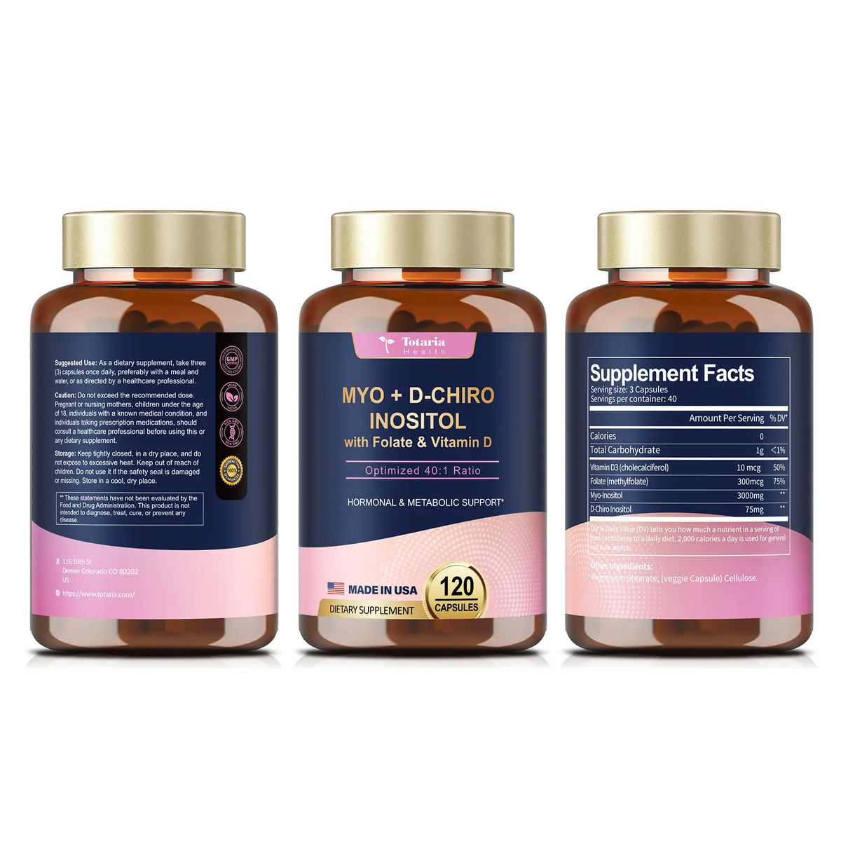 Inositol Supplement for Women with Vitamin D3, Folate, 40:1 Ratio Myo-Inositol 3000mg & D-Chiro Inositol 75mg Complex, (Vitamin B8) Inositol Capsules, 120 Capsules, 40 Servings
