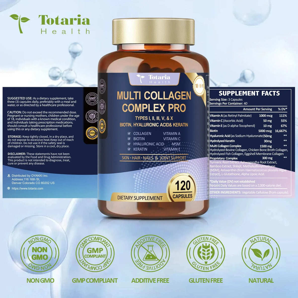 18-in-1 Collagen Pro with Hyaluronic Aicd, Keratin, Biotin, VIT A C & E for Skin, Hair, Nails, Joint & Beauty - Multi Collagen Peptides Capsules with Type I II III V & X for Women & Men - 120 Caps