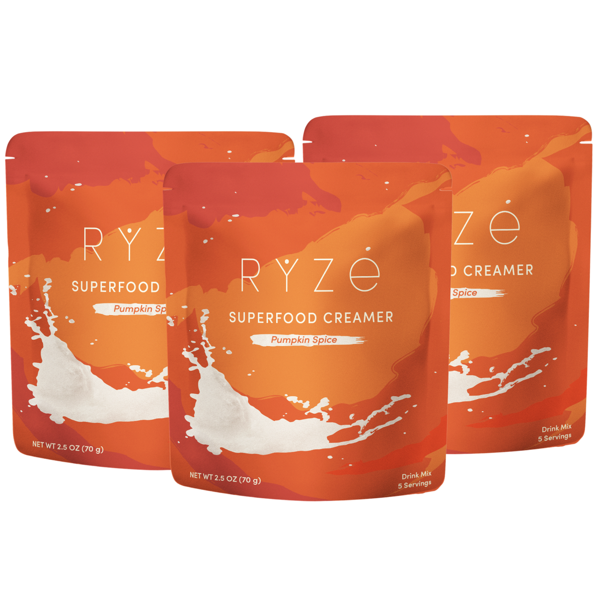 Three stand-up pouches of RYze Superfood Creamer in Pumpkin Spice flavor, arranged in a fan shape on a plain white background.