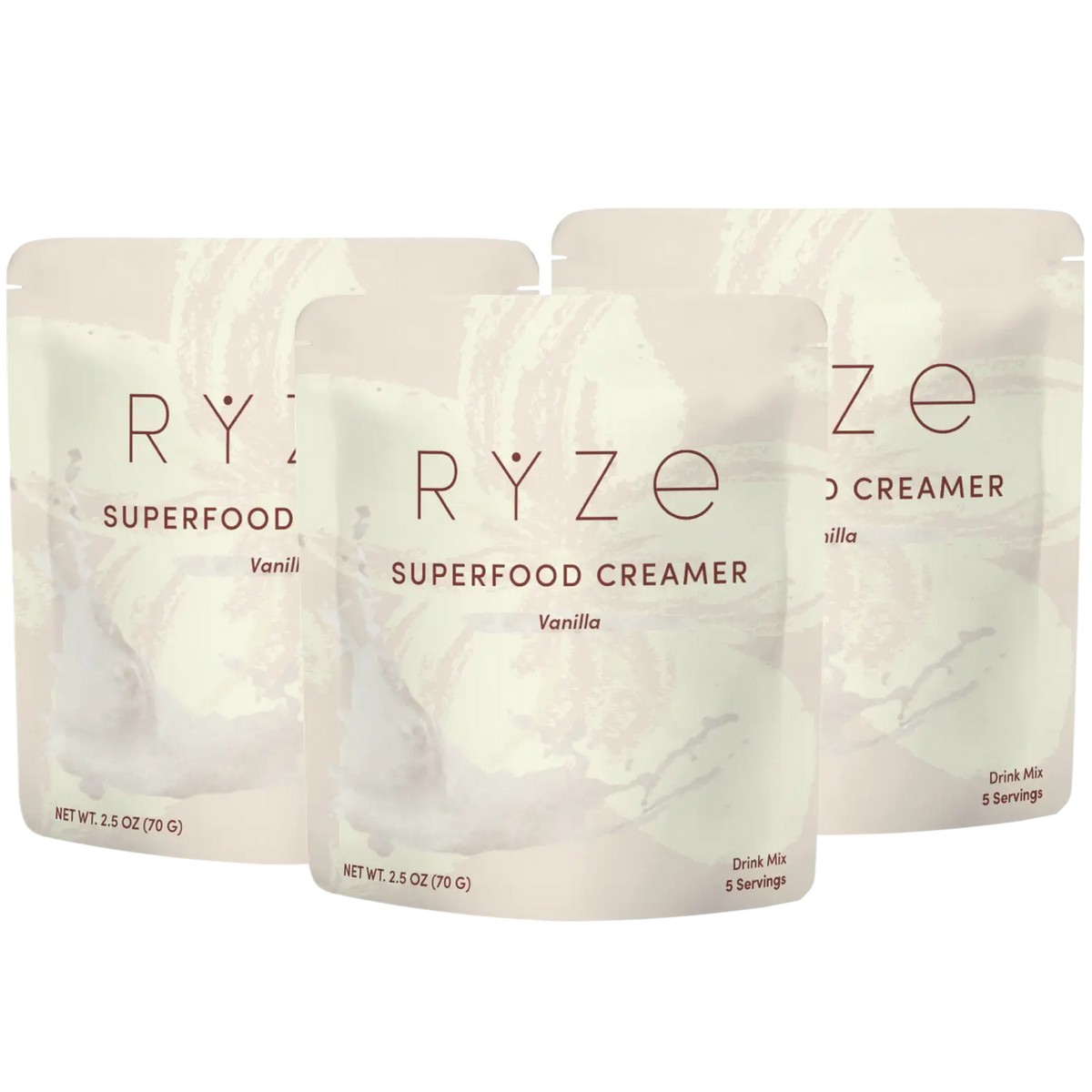 Three stand-up pouches of RYZE Superfood Creamer in Vanilla flavor, arranged in a fan shape on a plain white background.