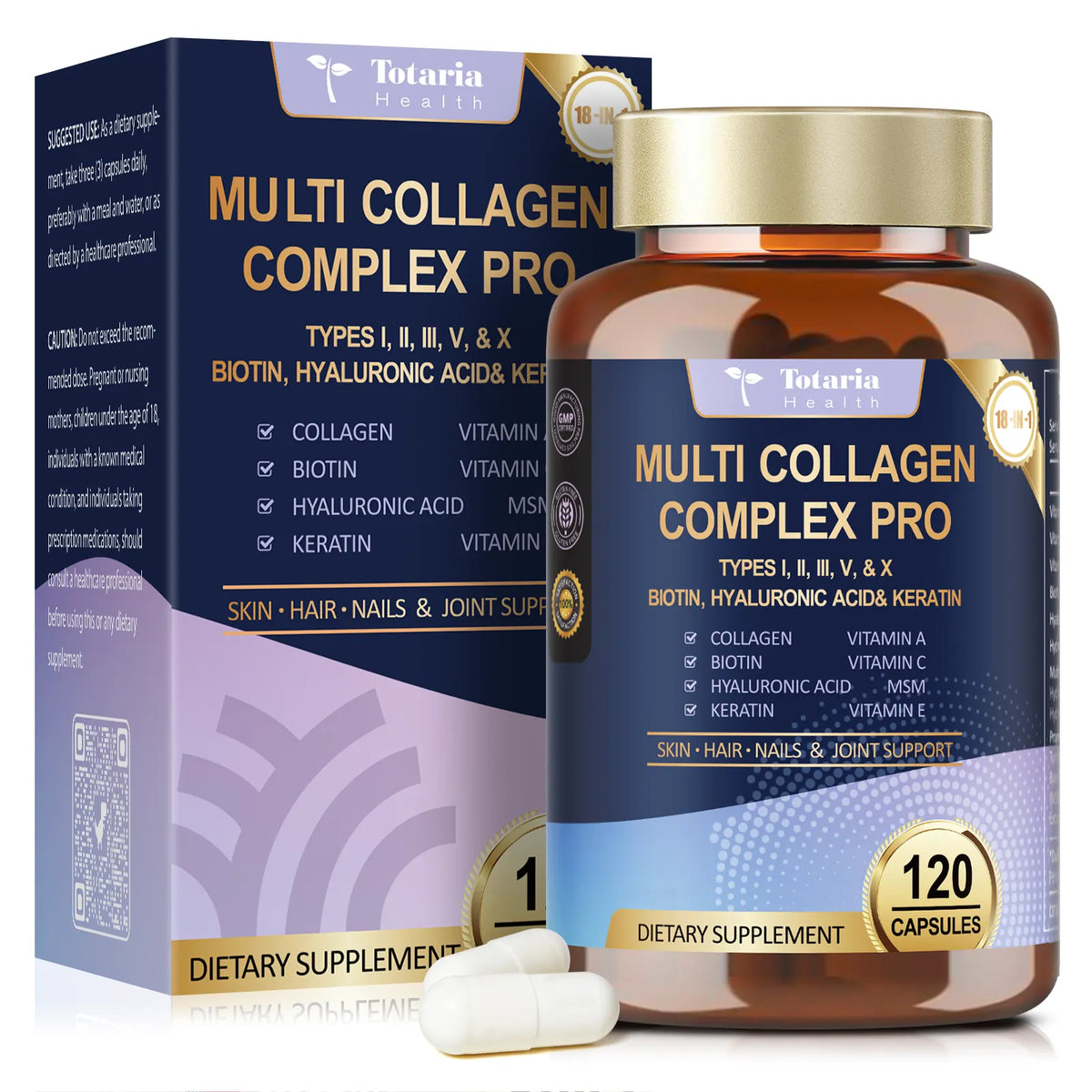 18-in-1 Collagen Pro with Hyaluronic Aicd, Keratin, Biotin, VIT A C & E for Skin, Hair, Nails, Joint & Beauty - Multi Collagen Peptides Capsules with Type I II III V & X for Women & Men - 120 Caps