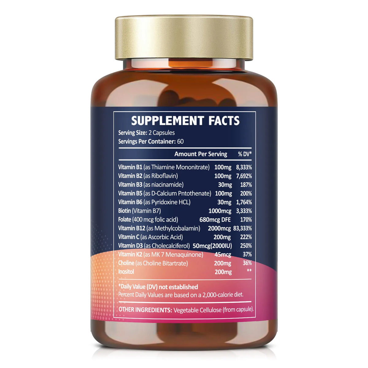 13-in-1 Vitamin B Complex Plus with Vitamin B1, B2, B3 (Niacinamide), B4, B5, B6, B7 (Biotin), B8 (Inositol), B9 (Folate), B12, C, D3, K2 - Energy, Nerve, Immune, Skin Support - 120 Vegan Capsules
