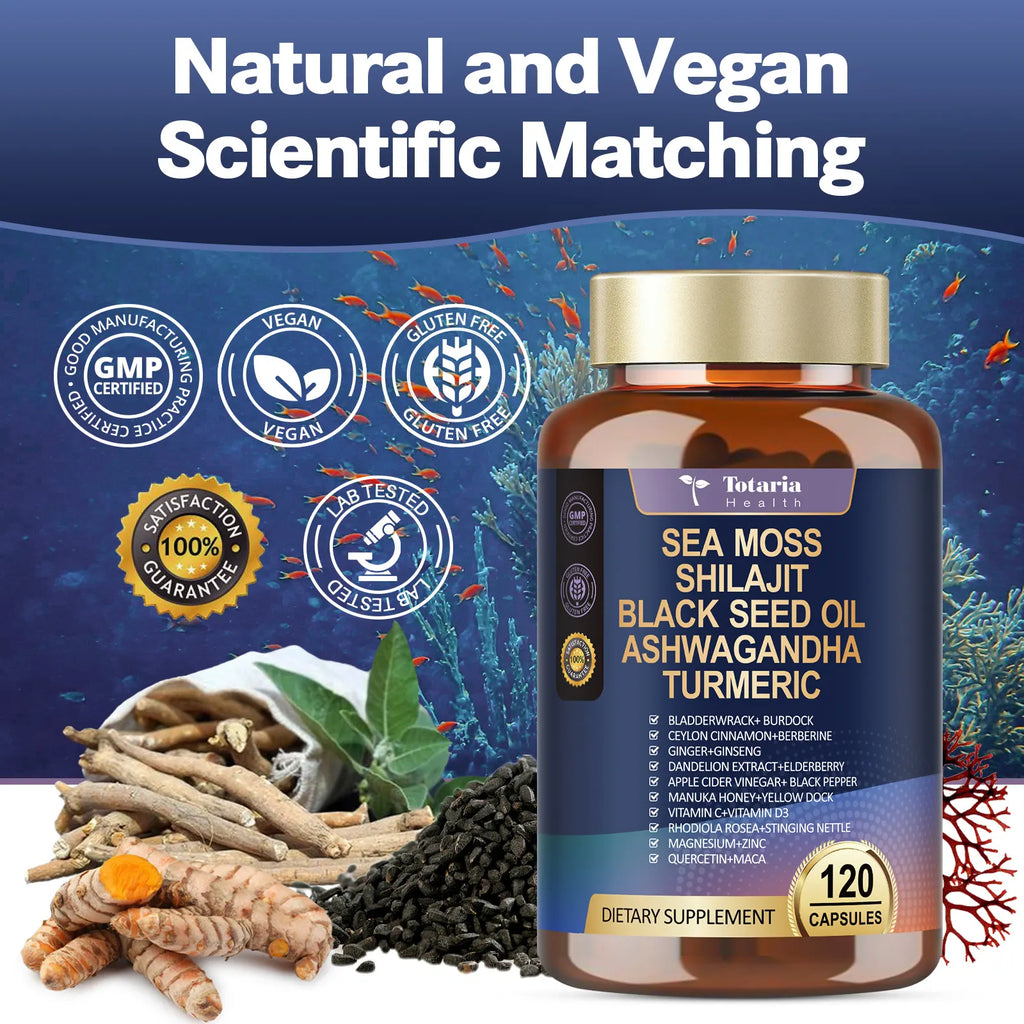 25-in-1 Sea Moss Complex Capsules 18,525mg – Sea Moss, Black Seed Oil, Ashwagandha, Ginger, Shilajit, Berberine, ACV, Manuka & Vitamins C + D3 – 120 Capsules