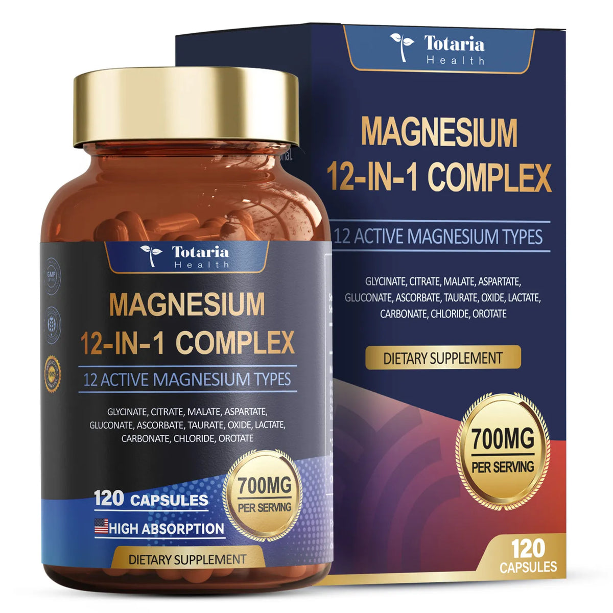 Totaria Health Magnesium 12-In-1 Complex dietary supplement, showing an amber bottle with a gold cap and a matching product box on a clean white background.