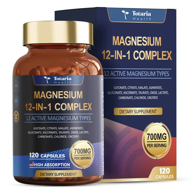 Totaria Health Magnesium 12-In-1 Complex dietary supplement, showing an amber bottle with a gold cap and a matching product box on a clean white background.