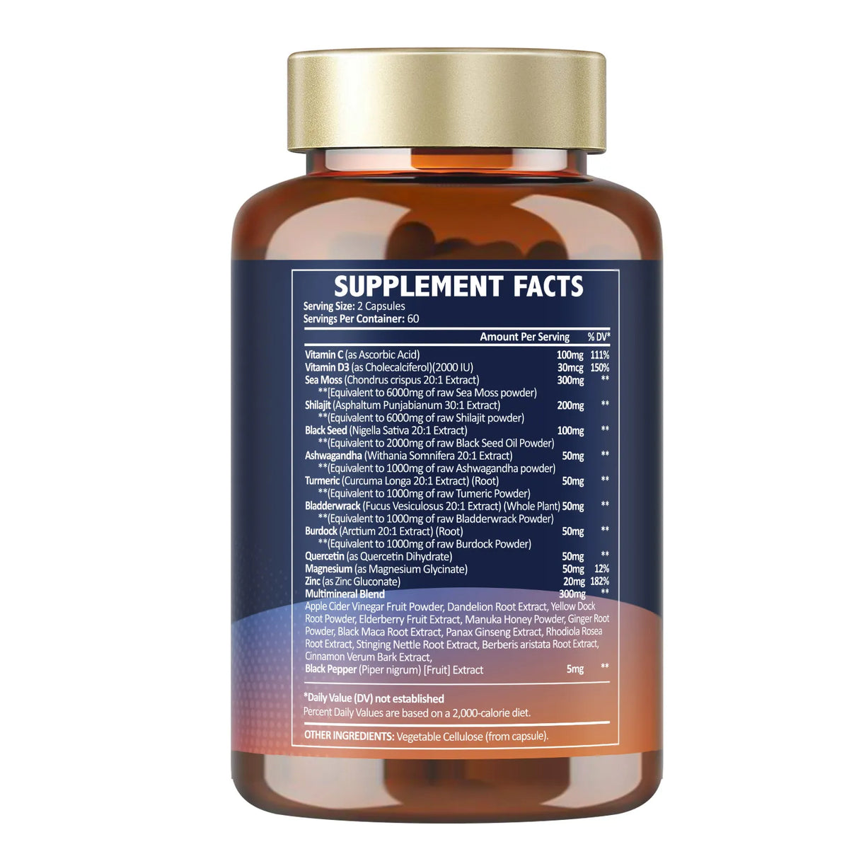 25-in-1 Sea Moss Complex Capsules 18,525mg – Sea Moss, Black Seed Oil, Ashwagandha, Ginger, Shilajit, Berberine, ACV, Manuka & Vitamins C + D3 – 120 Capsules