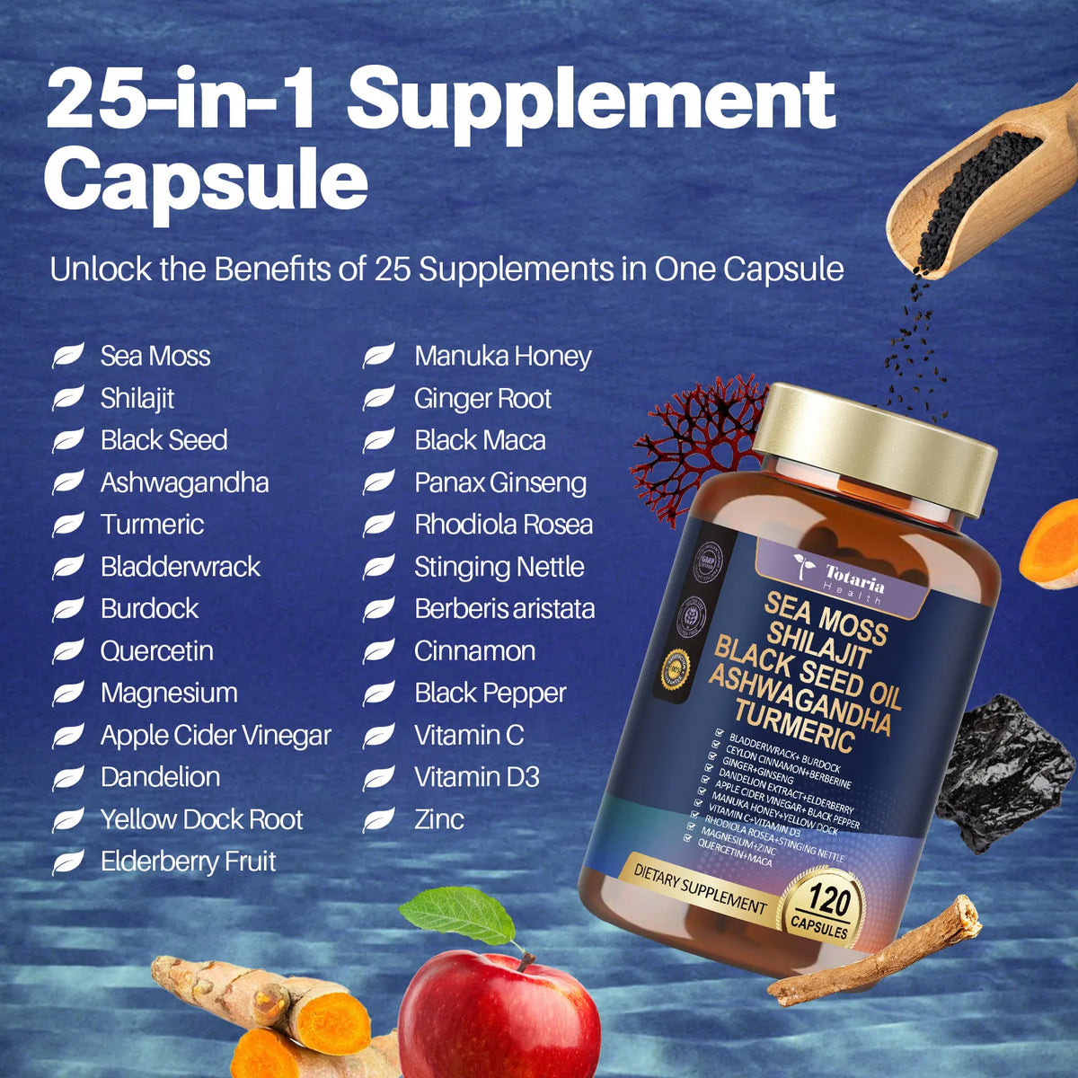 25-in-1 Sea Moss Complex Capsules 18,525mg – Sea Moss, Black Seed Oil, Ashwagandha, Ginger, Shilajit, Berberine, ACV, Manuka & Vitamins C + D3 – 120 Capsules