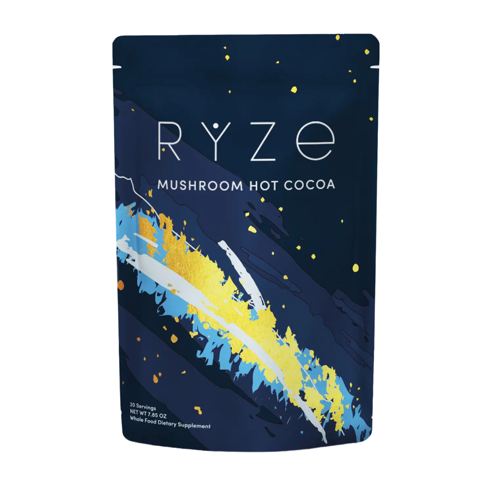 Ryze Mushroom Hot Cocoa package with colorful design on a white background
