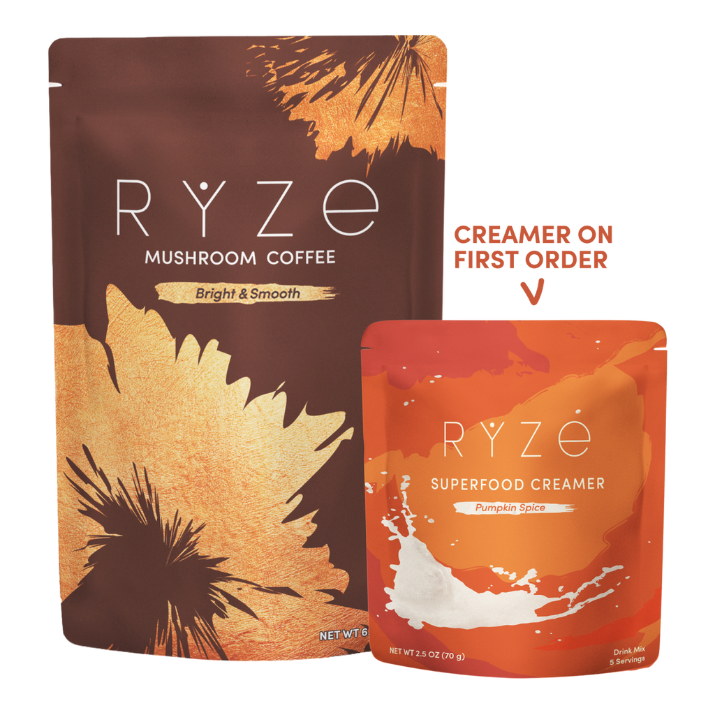 Two RYZE-branded pouches on a white background: a larger brown and gold Mushroom Coffee bag and a smaller orange and red Superfood Creamer pouch with a white splash graphic. Text on the image says 'CREATER ON FIRST ORDER' with an arrow pointing to the creamer pouch.