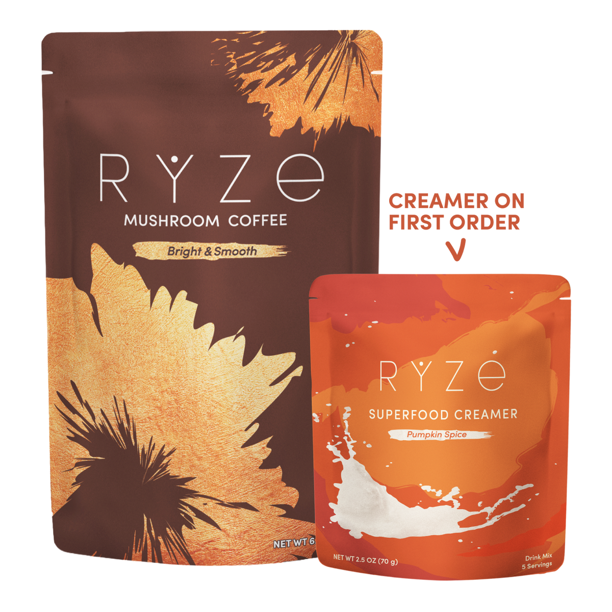 Two RYZE-branded pouches on a white background: a larger brown and gold Mushroom Coffee bag and a smaller orange and red Superfood Creamer pouch with a white splash graphic. Text on the image says 'CREATER ON FIRST ORDER' with an arrow pointing to the creamer pouch.