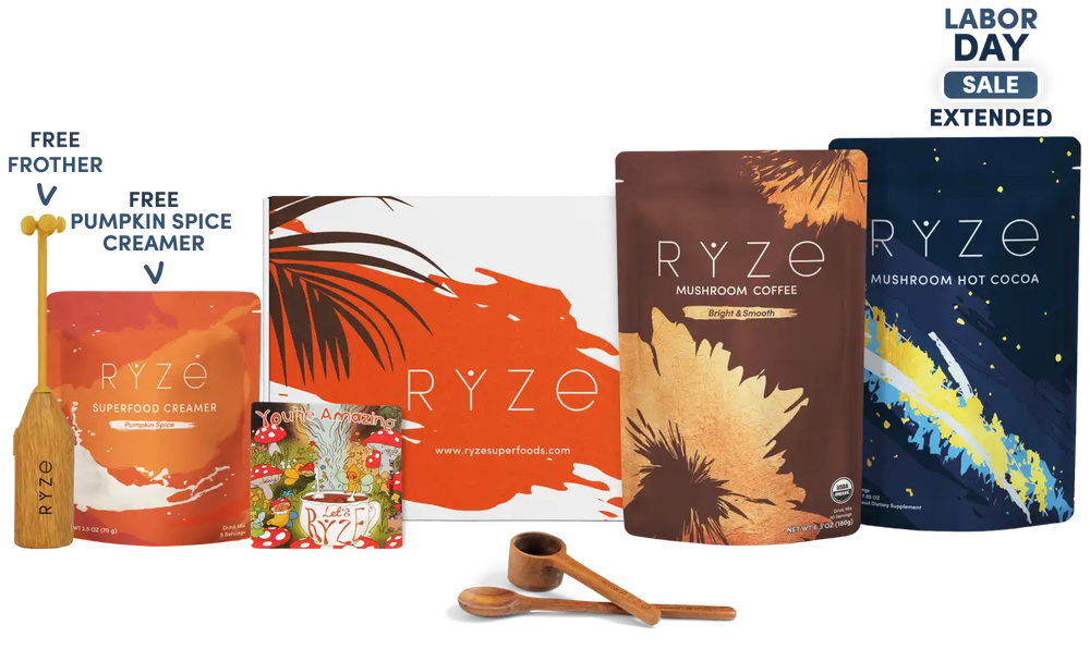 Ryze Superfoods Labor Day Sale bundle featuring mushroom coffee, mushroom hot cocoa, pumpkin spice creamer, and free frother/spice creamer, with branded pouches, a scoop, and wooden spoons on a white background.