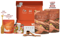 Ryze Labor Day gift set featuring mushroom chicory pouches, a superfood creamer pouch, wooden measuring tools, and an open orange box on a white background with sale text overlays.