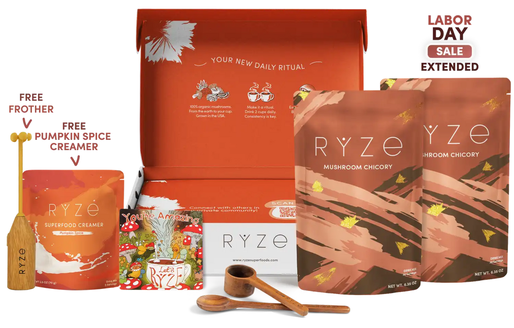 Ryze Labor Day gift set featuring mushroom chicory pouches, a superfood creamer pouch, wooden measuring tools, and an open orange box on a white background with sale text overlays.