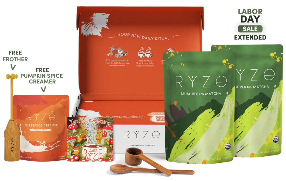 Ryze Labor Day Sale bundle featuring mushroom matcha pouches, a pumpkin spice creamer pouch, a wooden spoon, a scoop, and an open orange gift box on a white background with sale text overlays.