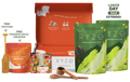 Ryze Labor Day Sale bundle featuring mushroom matcha pouches, a pumpkin spice creamer pouch, a wooden spoon, a scoop, and an open orange gift box on a white background with sale text overlays.