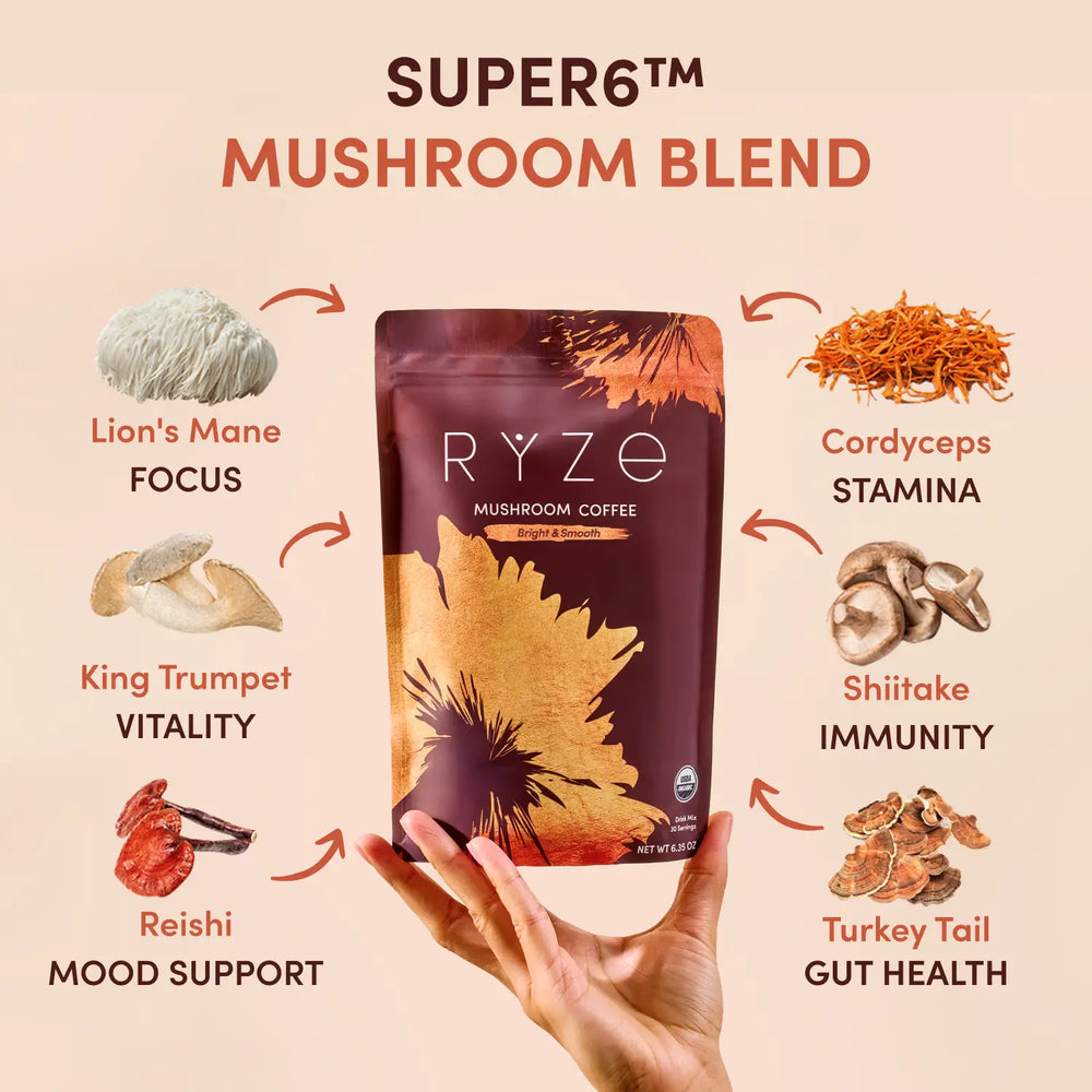 RYZE Mushroom Coffee package with illustrations of mushrooms and their health benefits on a beige background.