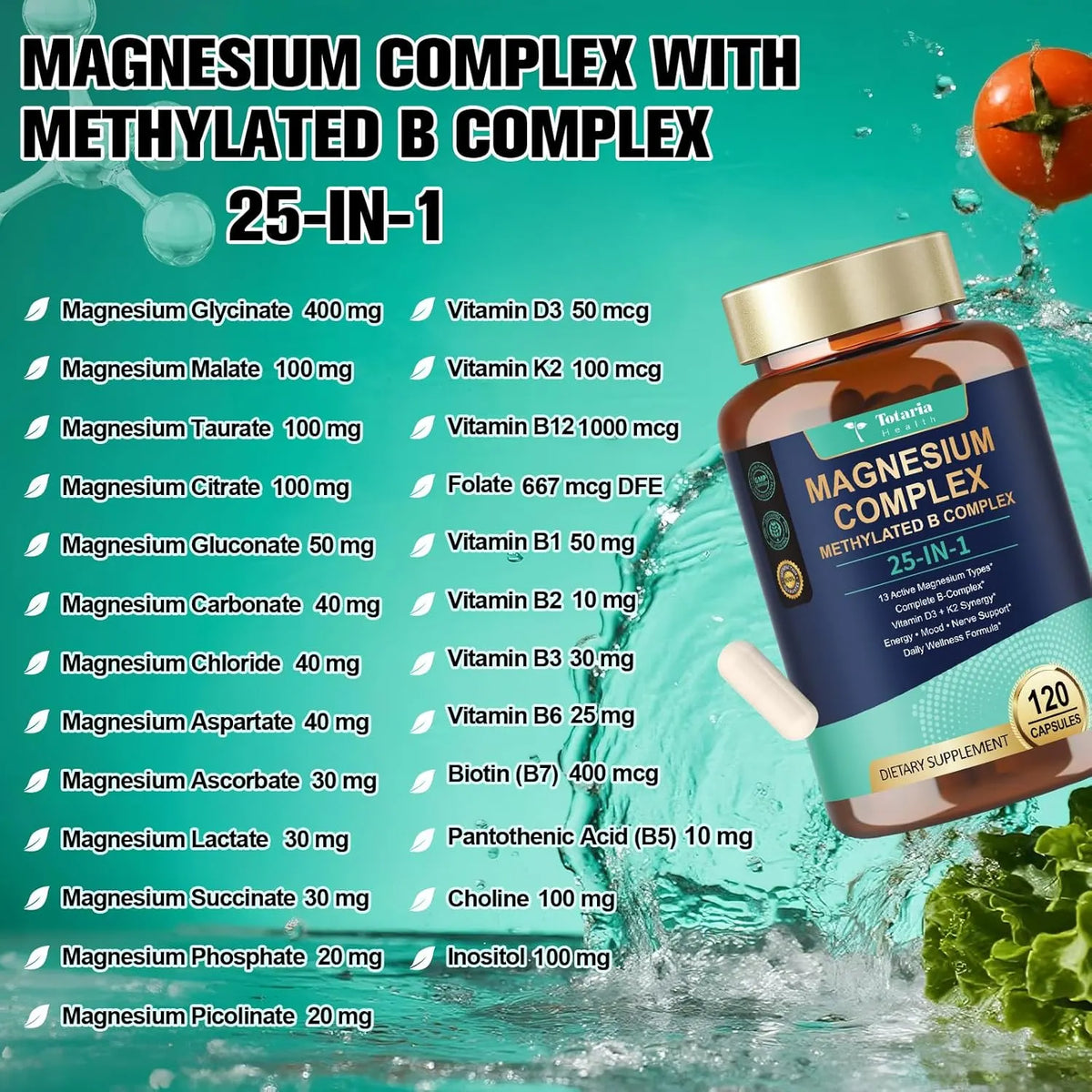 25-in-1 Magnesium Complex with Methylated B Complex Magnesium Glycinate Citrate Malate Taurate Gluconate Aspartate Carbonate D3 K2, Magnesium Supplement for Relaxation Energy & Nerve, 120 Vegan Caps