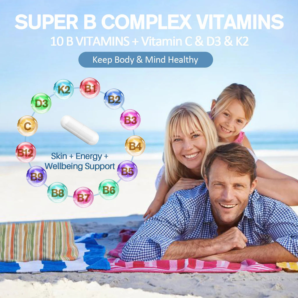 13-in-1 Vitamin B Complex Plus with Vitamin B1, B2, B3 (Niacinamide), B4, B5, B6, B7 (Biotin), B8 (Inositol), B9 (Folate), B12, C, D3, K2 - Energy, Nerve, Immune, Skin Support - 120 Vegan Capsules