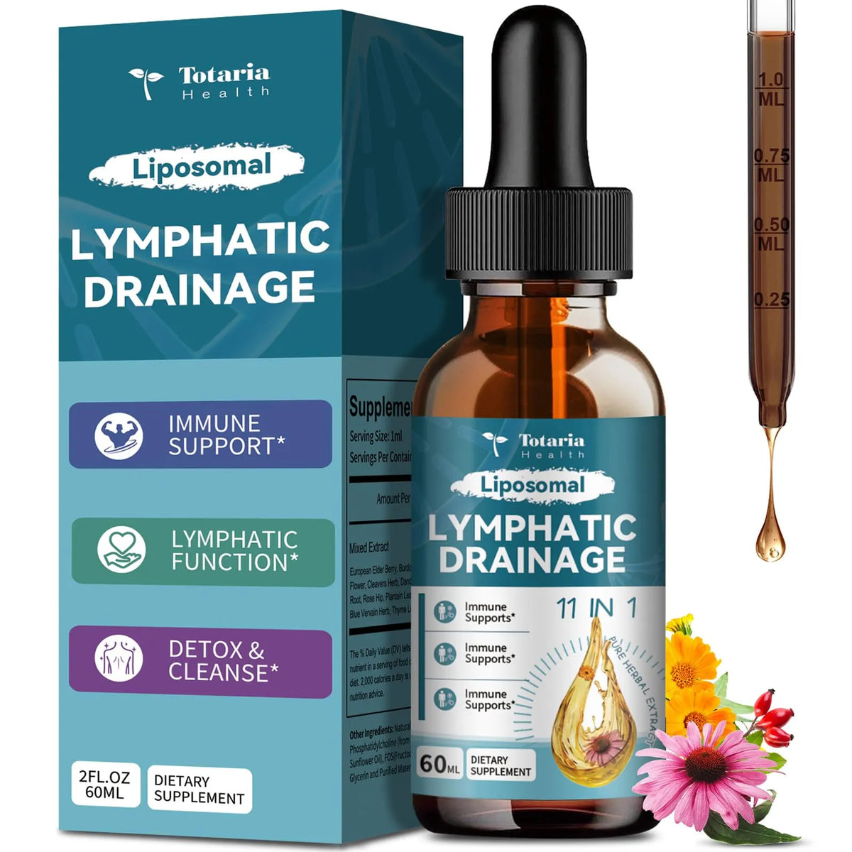 Liposomal Lymphatic Drainage Drops - 11 In 1 Organic Lymphatic Drainage Supplement with Burdock Root, Echinacea, Elderberry, Calendula, Cleavers Herb, Dandelion Supports Lymphatic Health 2 FL.OZ