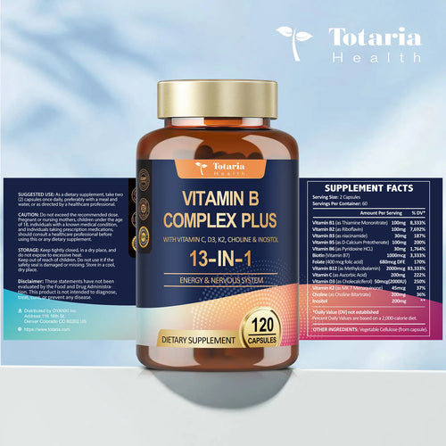 13-in-1 Vitamin B Complex Plus with Vitamin B1, B2, B3 (Niacinamide), B4, B5, B6, B7 (Biotin), B8 (Inositol), B9 (Folate), B12, C, D3, K2 - Energy, Nerve, Immune, Skin Support - 120 Vegan Capsules