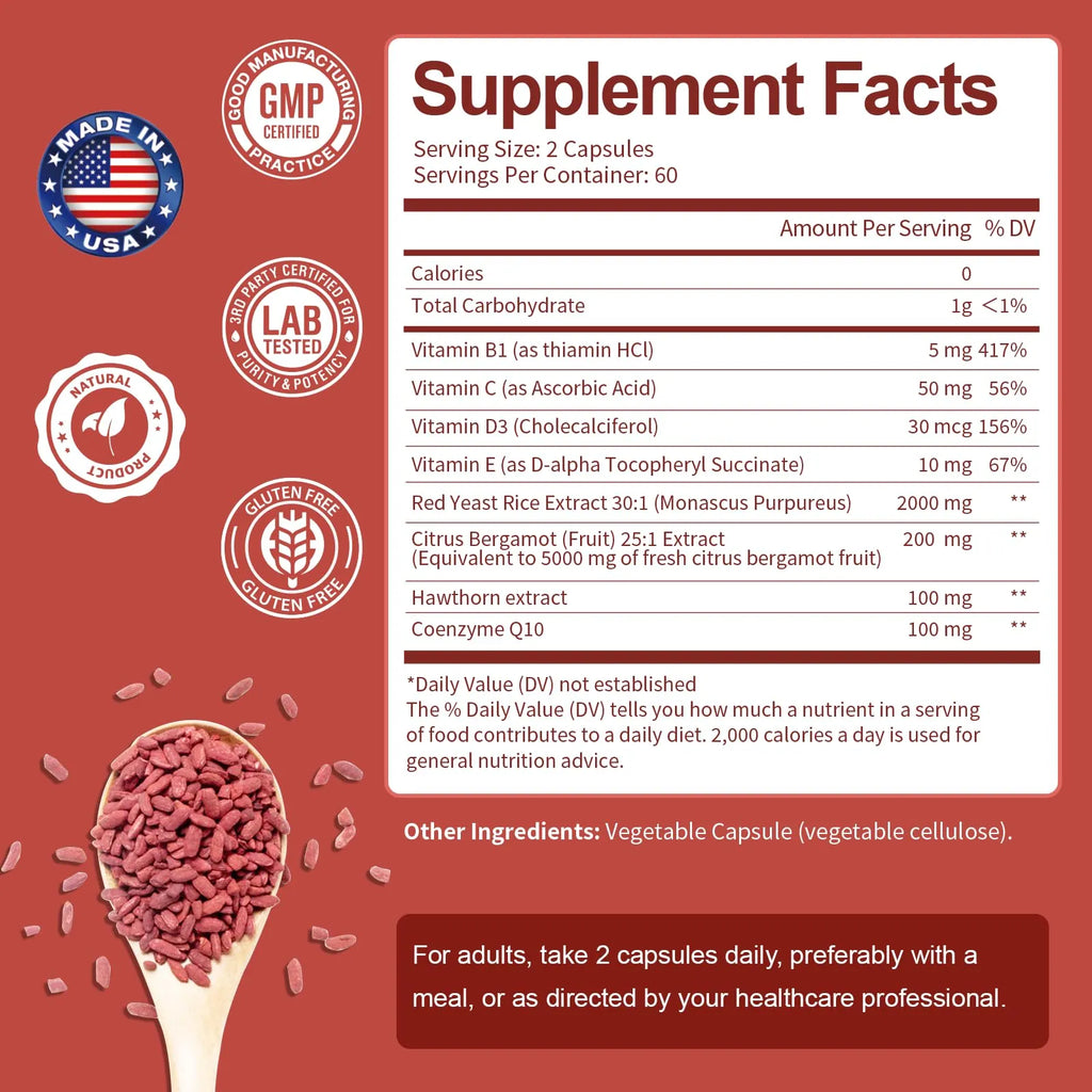 Red Yeast Rice with CoQ10 Supplement - Max Strength Red Yeast Rice 2,000 mg Capsules with CoQ10 100mg Plus Citrus Bergamot - Niacin-Free, Cholesterol & Energy Supplement 3rd-Party Tested Vegan Non-GMO