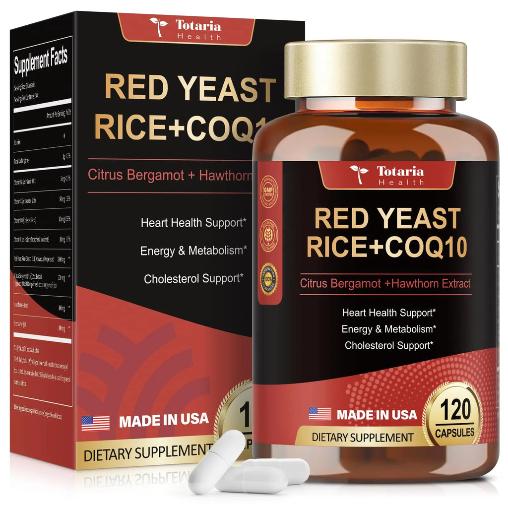 Red Yeast Rice with CoQ10 Supplement - Max Strength Red Yeast Rice 2,000 mg Capsules with CoQ10 100mg Plus Citrus Bergamot - Niacin-Free, Cholesterol & Energy Supplement 3rd-Party Tested Vegan Non-GMO