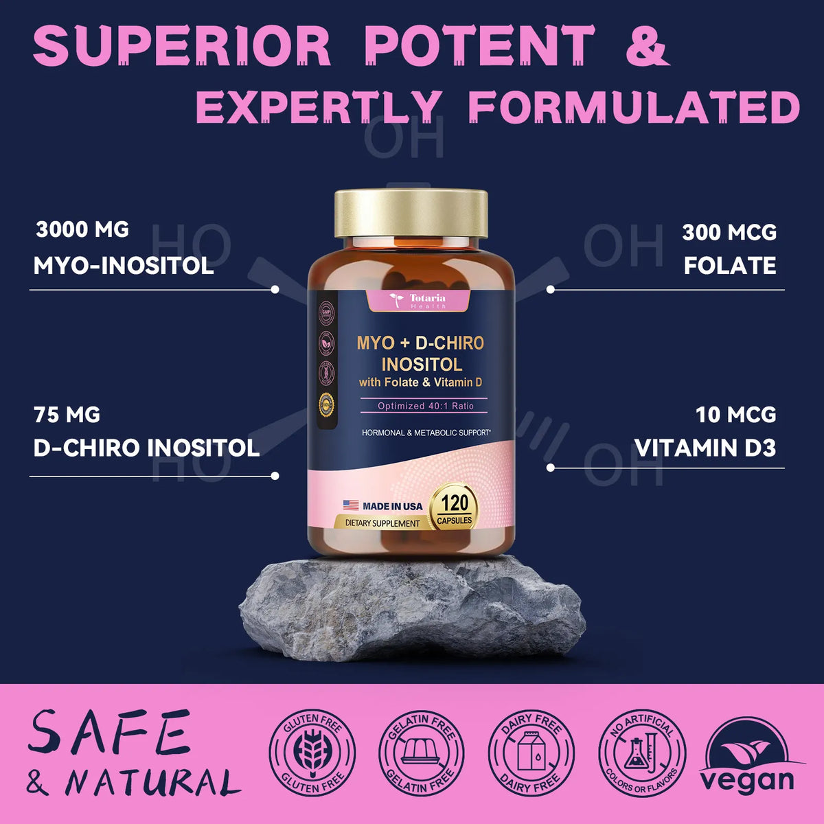 Inositol Supplement for Women with Vitamin D3, Folate, 40:1 Ratio Myo-Inositol 3000mg & D-Chiro Inositol 75mg Complex, (Vitamin B8) Inositol Capsules, 120 Capsules, 40 Servings