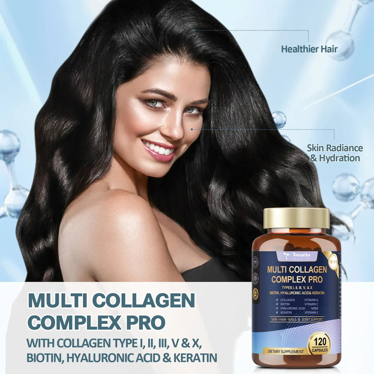 18-in-1 Collagen Pro with Hyaluronic Aicd, Keratin, Biotin, VIT A C & E for Skin, Hair, Nails, Joint & Beauty - Multi Collagen Peptides Capsules with Type I II III V & X for Women & Men - 120 Caps