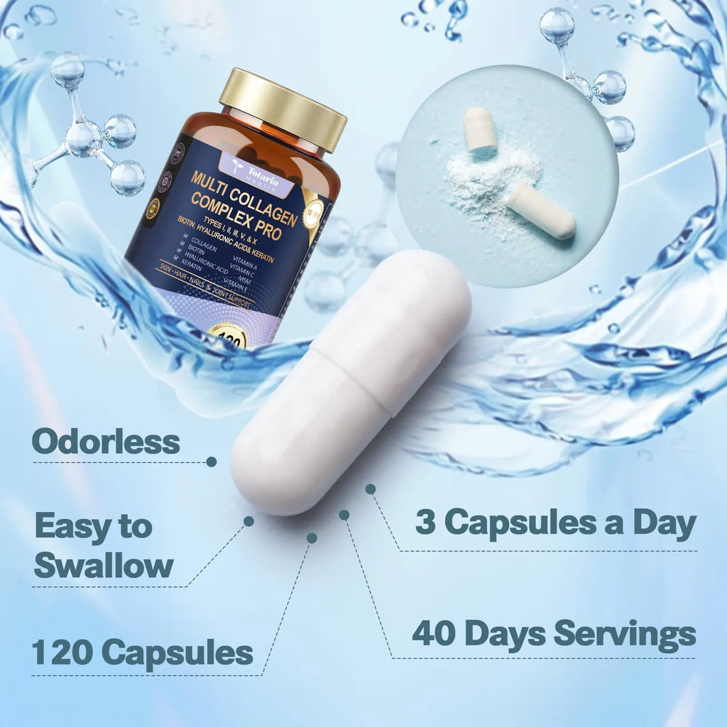 18-in-1 Collagen Pro with Hyaluronic Aicd, Keratin, Biotin, VIT A C & E for Skin, Hair, Nails, Joint & Beauty - Multi Collagen Peptides Capsules with Type I II III V & X for Women & Men - 120 Caps