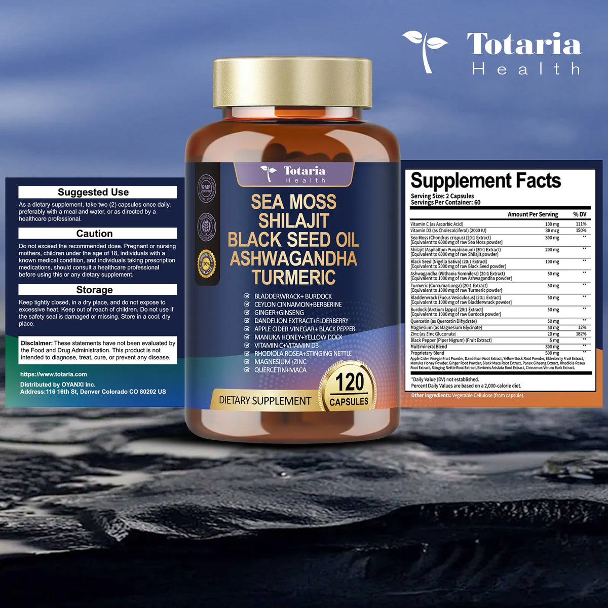 25-in-1 Sea Moss Complex Capsules 18,525mg – Sea Moss, Black Seed Oil, Ashwagandha, Ginger, Shilajit, Berberine, ACV, Manuka & Vitamins C + D3 – 120 Capsules